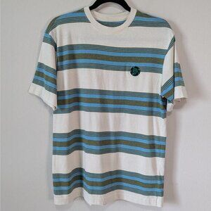 Brooklyn Laundry Alien Patch Stripe T-Shirt Medium Skater Oatmeal Green Blue